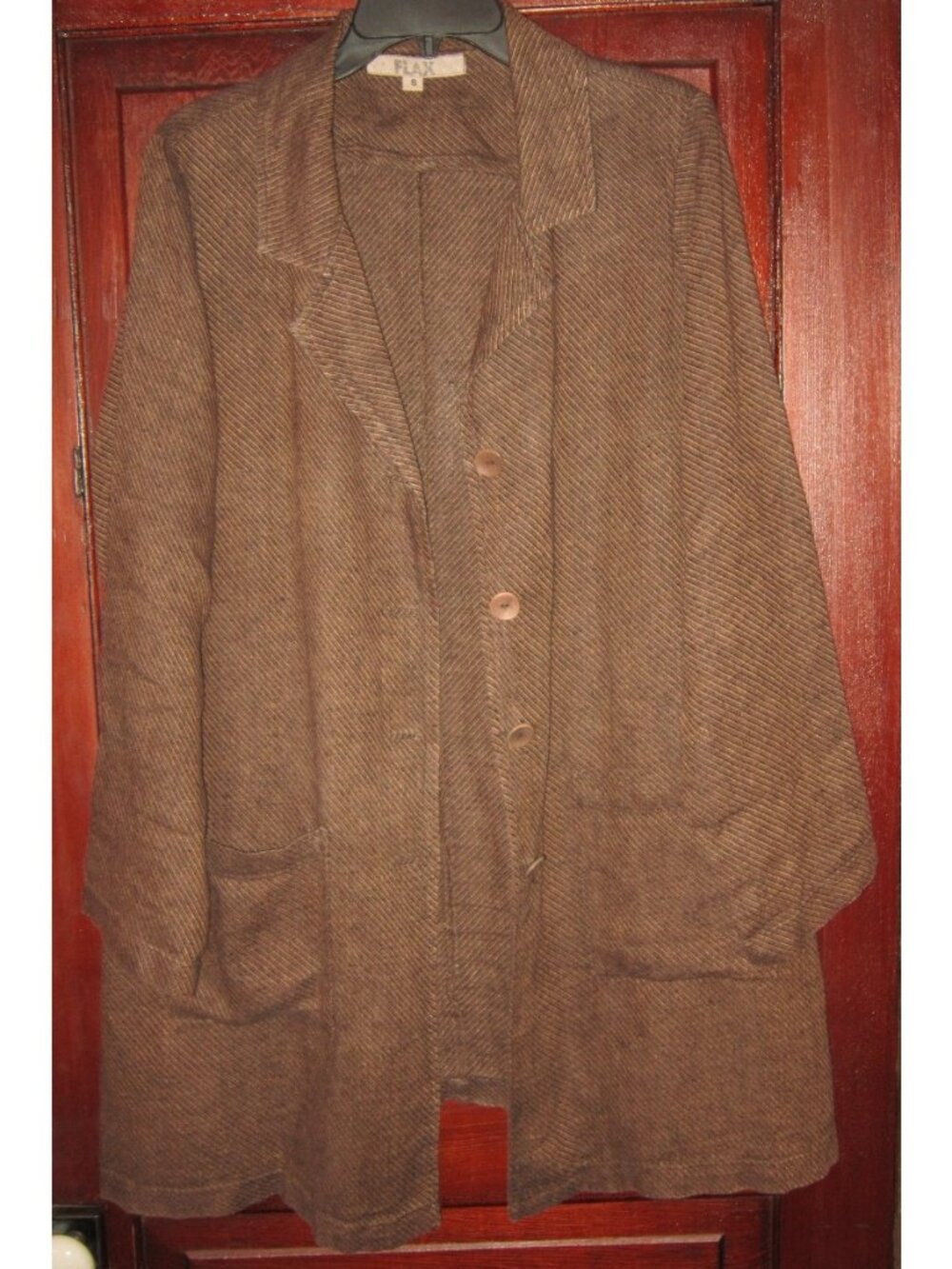 FLAX S 100% Linen Duster Coat Jacket Brown Textured Soft Pockets Button
